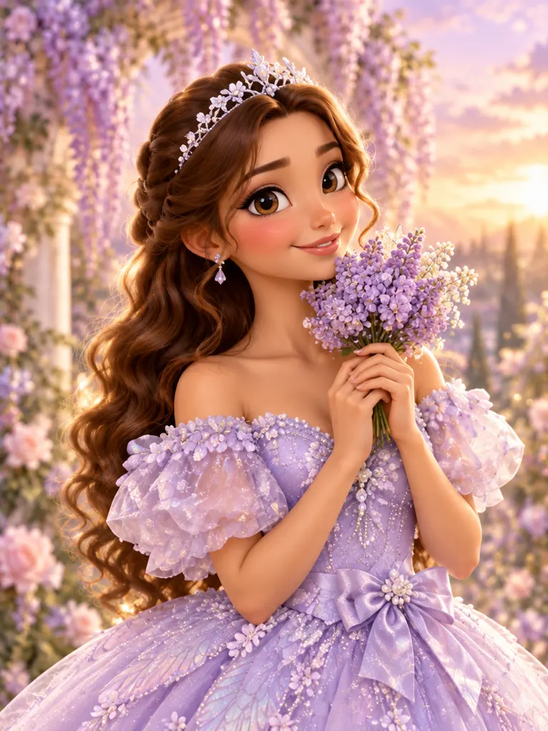 Regina sonríe con un ramito de flores lila