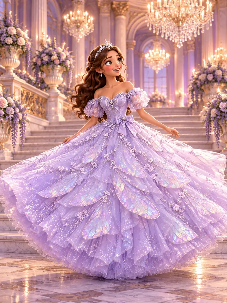 Regina gira en una escalera de palacio con su vestido