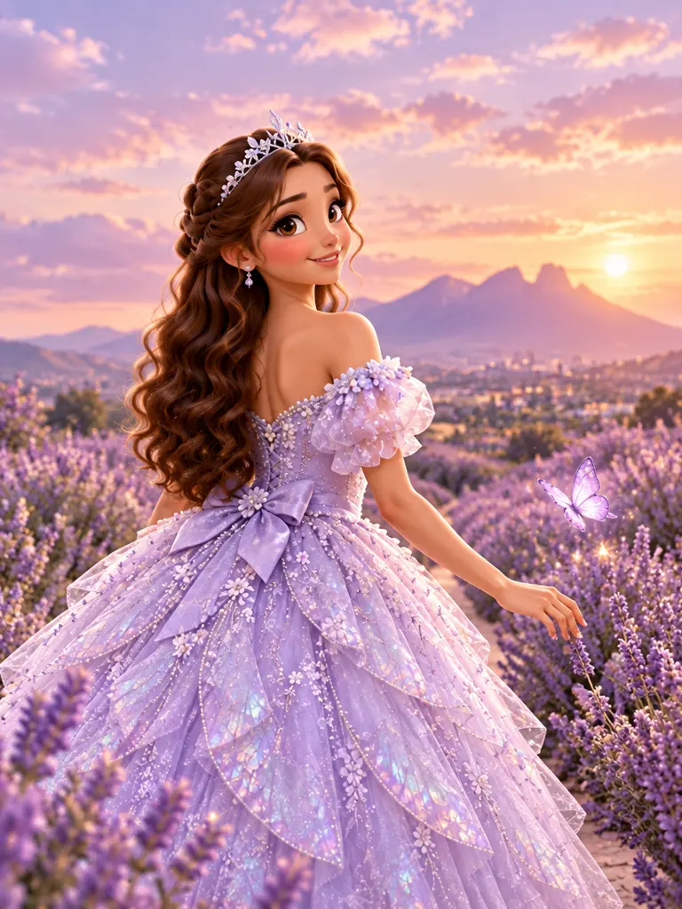 Regina mira hacia atrás en un campo de lavanda