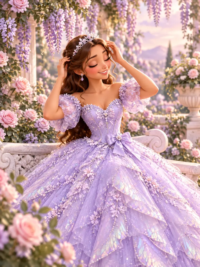 Regina se acomoda la tiara en un jardín de rosas